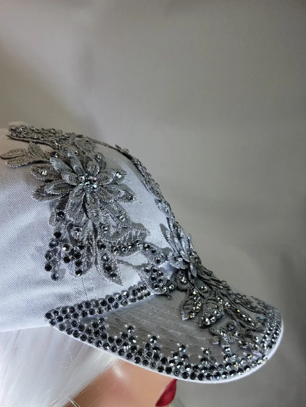 Embellished White Floral Rhinestone Baseball Cap - Picture 3 of 11